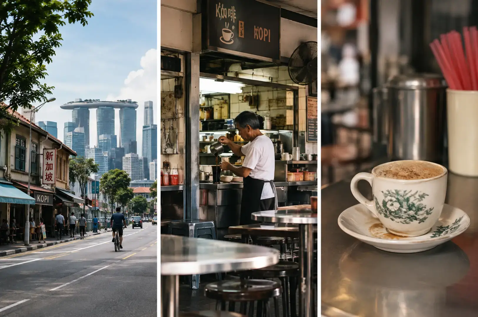 Three-panel Singapore streetscape with Marina Bay Sands, a kopi stall, and a cup of coffee.