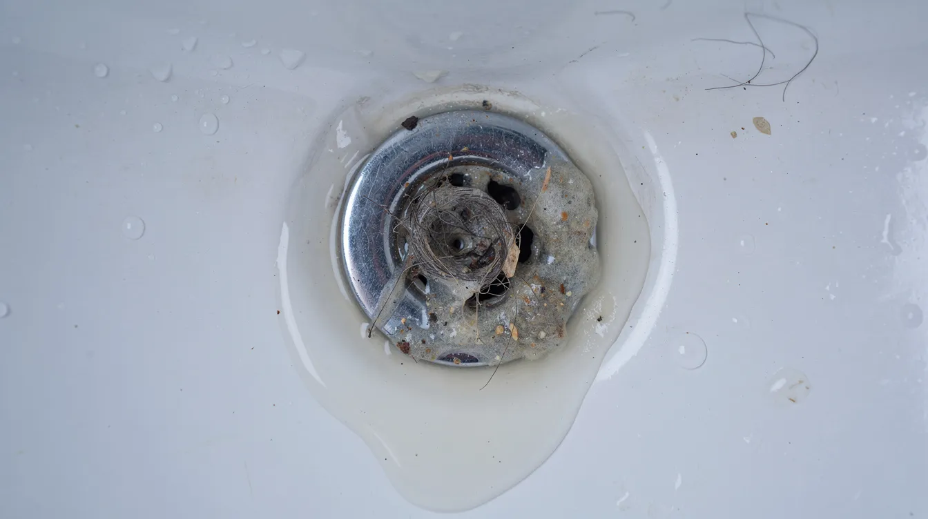The image depicts a clogged drain with standing water and debris, illustrating a common plumbing problem that may require professional drain cleaning services. The drain's blockage is likely caused by stubborn buildup of food debris, grease, or toilet paper, necessitating expert technicians to restore proper flow.