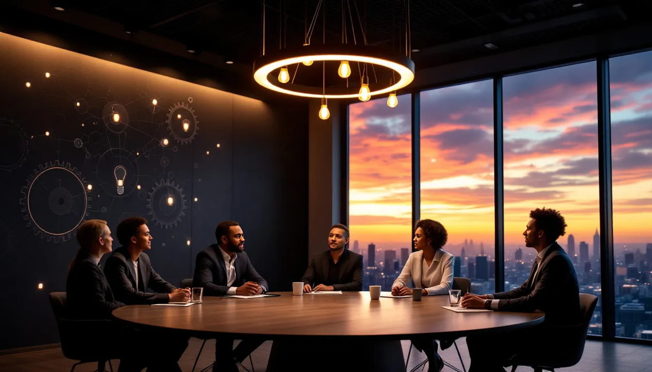 A strategic meeting with leaders discussing the value of leadership coaching as a strategic tool, not a remedial fix.