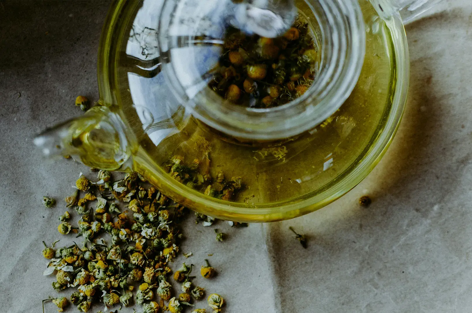 A high-angle, top-down close-up captures a clear glass teapot filled with a vibrant, yellowish-green chamomile tea, showing the loose flower buds steeping inside beneath the glass lid. The teapot rests on a textured, neutral-toned paper surface, with a scattered pile of loose, dried green and yellow chamomile herbs spilled artistically next to its spout on the lower left. The lighting is soft and natural, emphasizing the organic and earthy textures of the herbal tea blend.