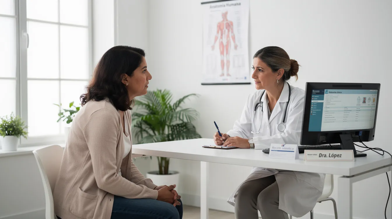 Una mujer está sentada frente a una doctora en un consultorio bien iluminado, donde se lleva a cabo una consulta médica. Ambas parecen estar conversando sobre temas relacionados con la salud, posiblemente sobre el cuidado de las mamas y la prevención del cáncer de mama.