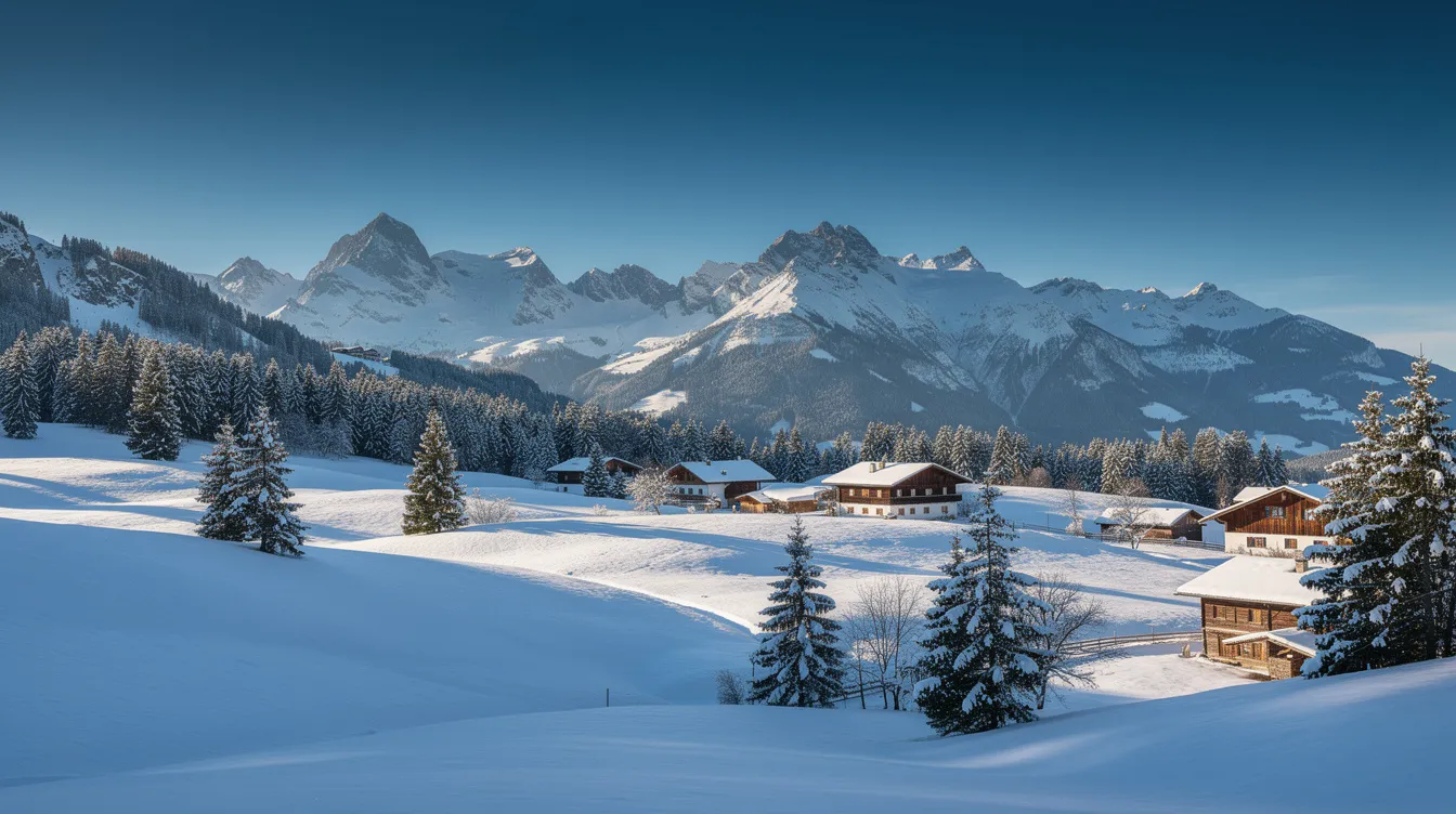 An einem sonnigen Wintertag im Allgäu erheben sich die verschneiten Berge unter einem strahlend blauen Himmel. Familien genießen den Schnee und das Skifahren auf den Pisten des Familienskigebiets, während Kinder mit Freude die Übungslifte und das Kinderland erkunden.