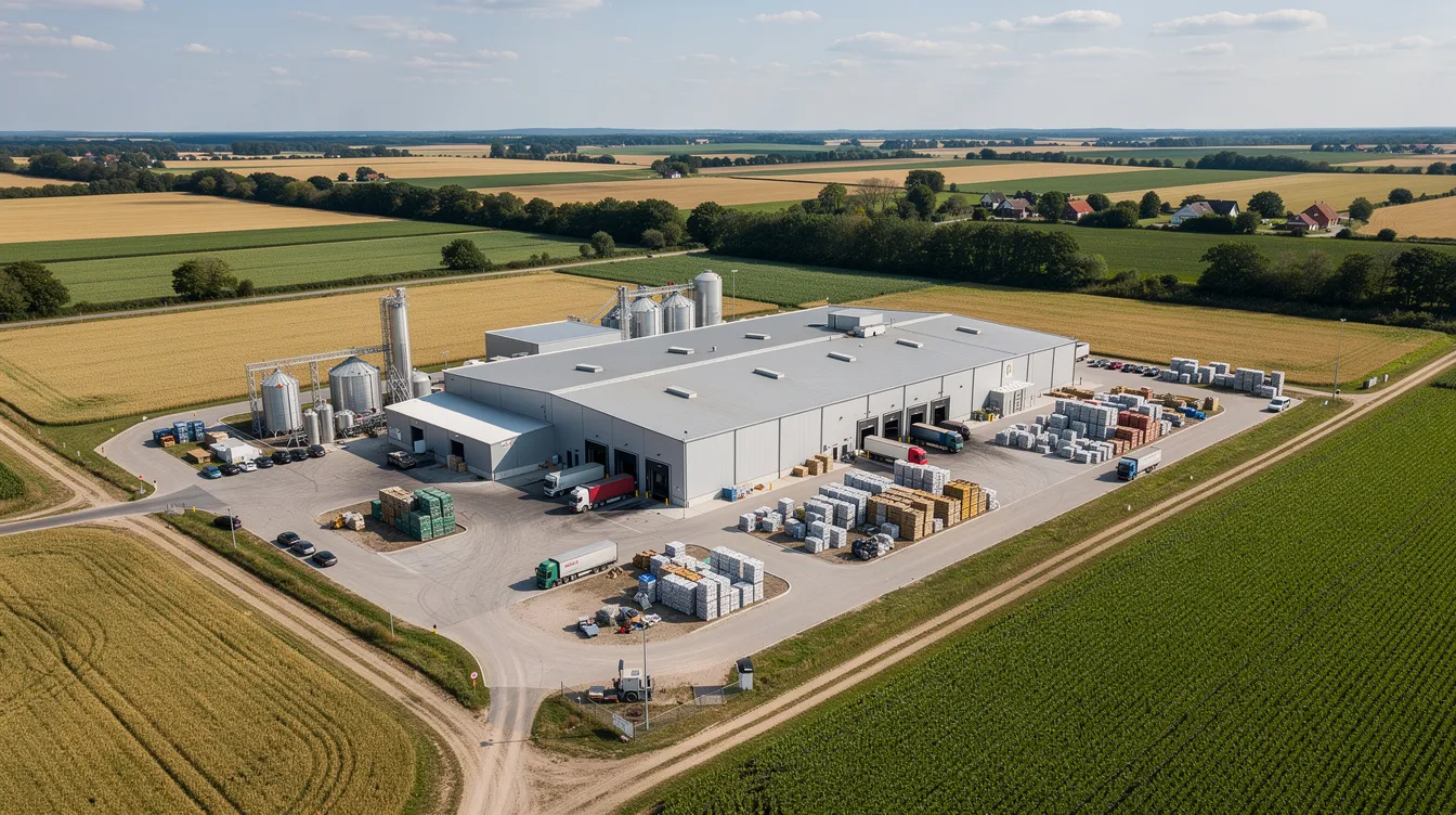 An aerial view showcases an industrial warehouse and pulses processing plant situated in a rural agricultural area, highlighting the facility's capacity for various unit operations. This image represents a proposed project that focuses on efficiency and profitability in the pulses industry, emphasizing the importance of a feasibility study for investors and stakeholders.