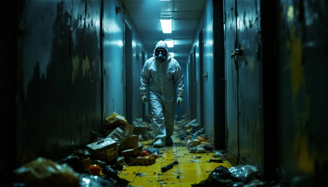 A professional cleaner in protective gear assessing a hoarder's house filled with hazardous waste.