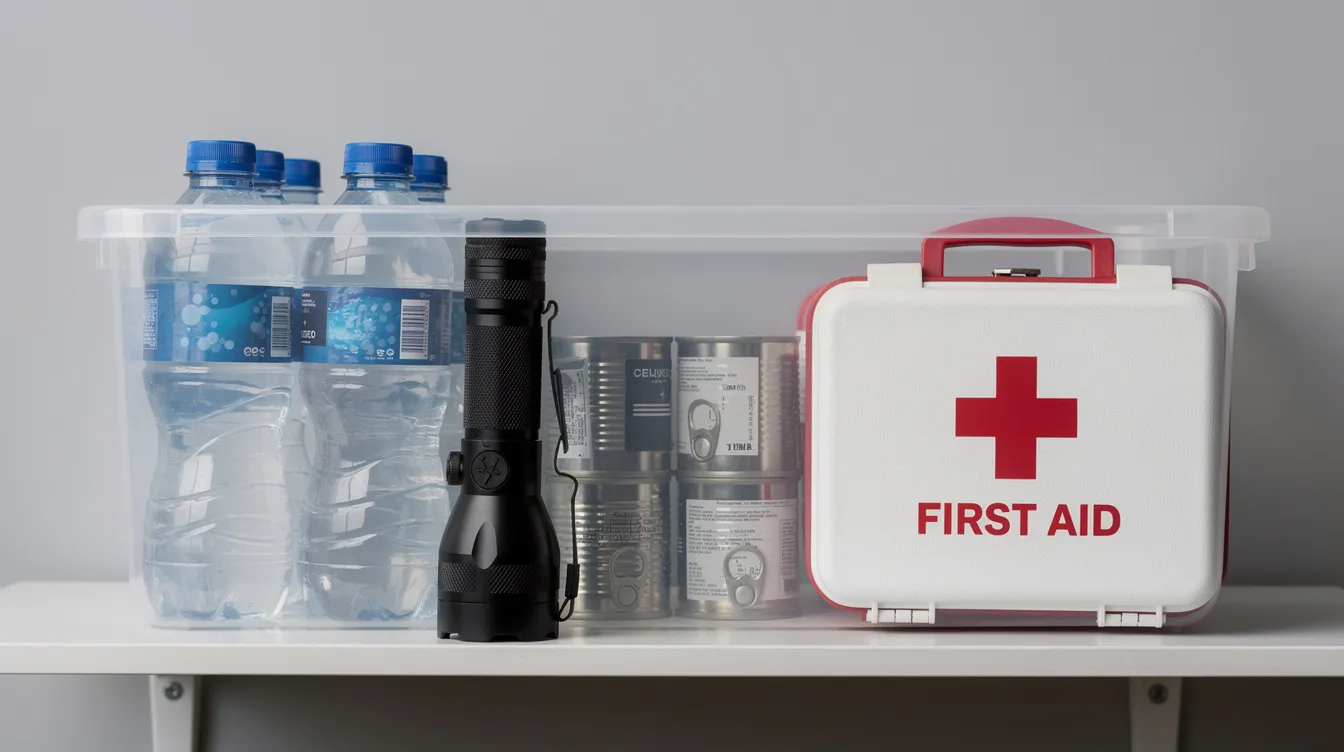 A clear plastic storage bin sits on a waist-high shelf, neatly organized with essential emergency supplies including bottled water, a flashlight, canned food, and a first aid kit. This emergency supply kit is crucial for disaster preparedness, especially for older adults who may have specific medical needs.