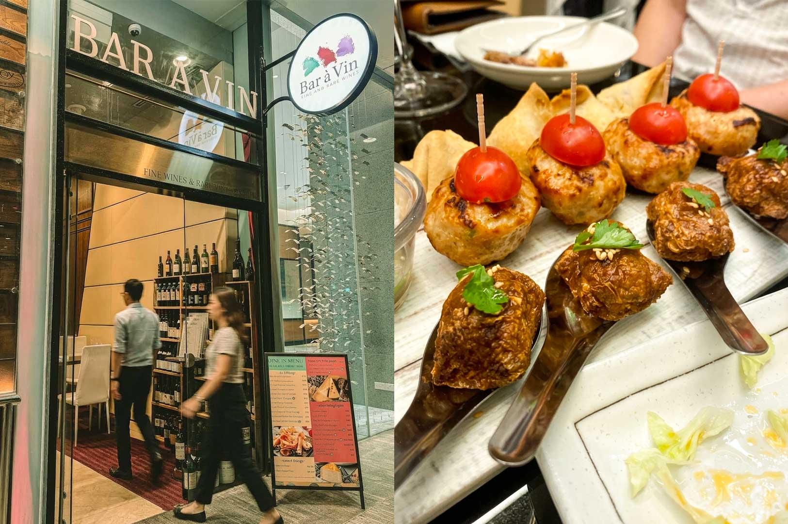 Left Panel: The entrance of "Bar à Vin Fine and Rare Wines," featuring glass doors, a illuminated circular brand sign, wooden wine racks displaying bottles inside, a framed dine-in menu board near the threshold, and patrons entering the space. Right Panel: A top-down close-up of a tapas presentation on a light stone serving board, featuring fried meatballs skewered with cherry tomato halves, golden fried rolls served on individual metal tasting spoons garnished with cilantro, and samosas in the background.