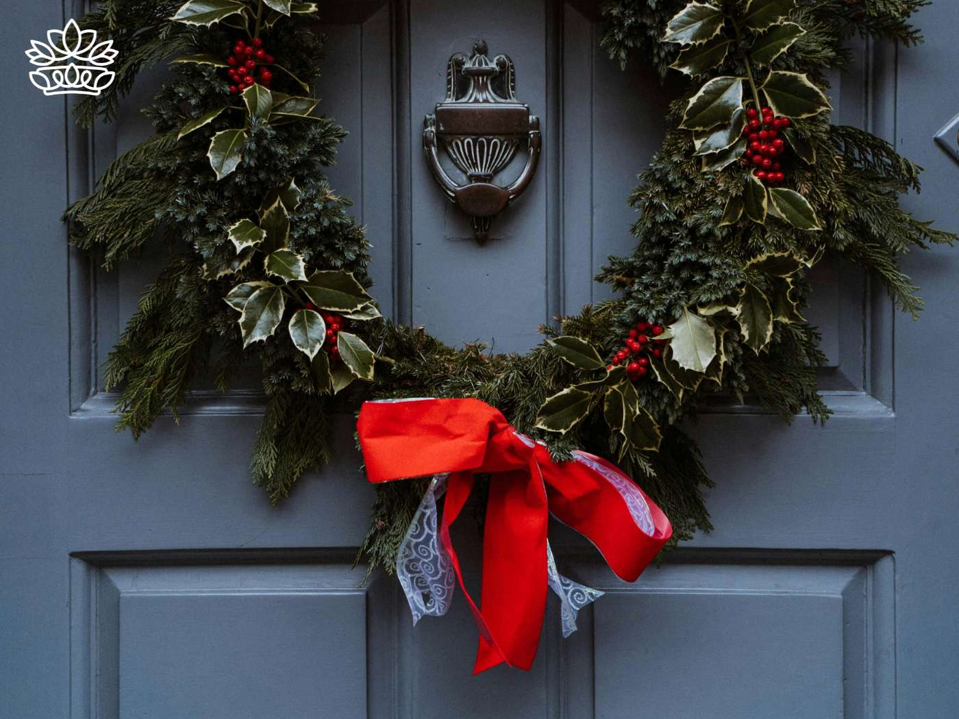 Elegant Christmas wreath form with lush greenery, holly berries, and a vibrant red bow adorning a front door, complete with festive ornaments, part of a classic holiday arrangement collection at Fabulous Flowers and Gifts.
