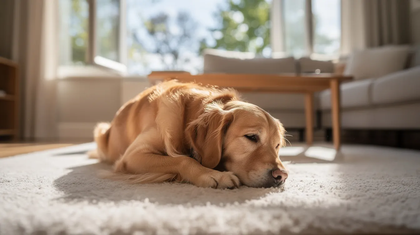 A golden retriever is peacefully lying on a light-colored carpet in a sunny living room, with open windows allowing fresh air to flow in. The scene suggests a cozy atmosphere, ideal for pet owners who appreciate clean carpets and a bright, inviting space.