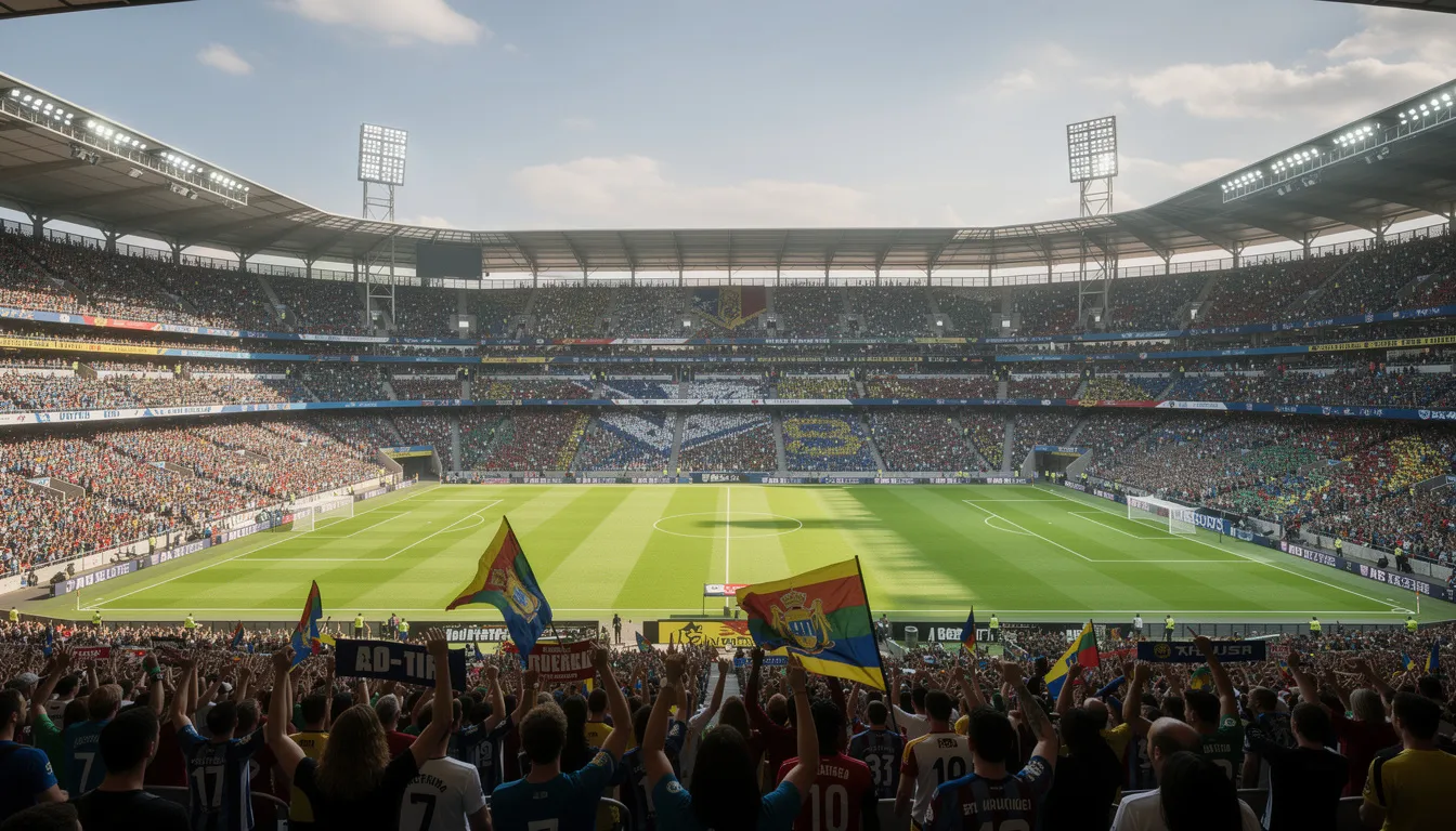 En fotbollsstadion med grön gräsplan och fullsatta åskådarplatser, där spänningen i luften är påtaglig. Publiken hejar entusiastiskt, vilket skapar en energisk atmosfär som påminner om känslan av att delta i ett live casino.