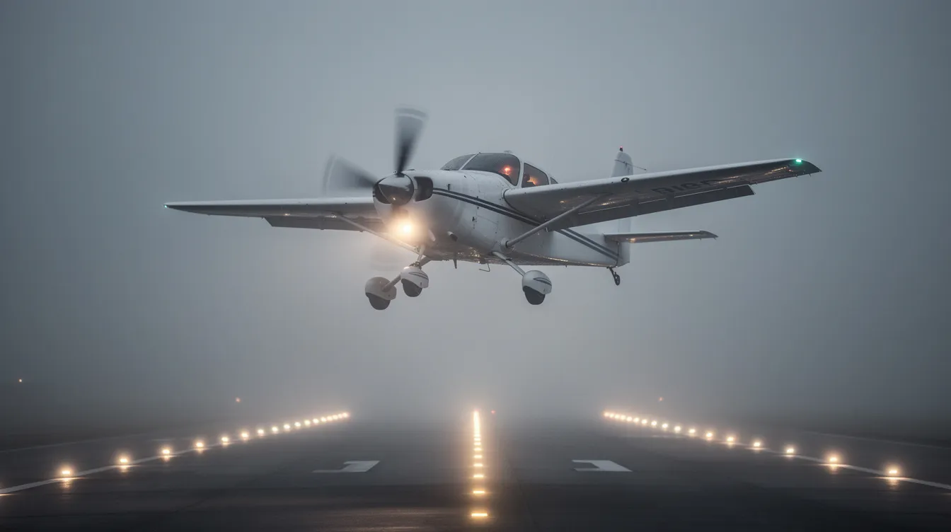 A small aircraft is seen approaching a runway shrouded in fog, with its approach lights glowing faintly in the misty conditions. This scene illustrates the challenges of flying under instrument meteorological conditions, emphasizing the importance of instrument rating privileges for pilots navigating through limited visibility.