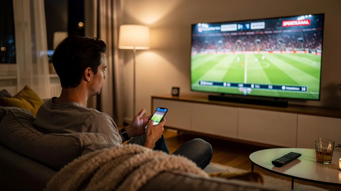 Eine Person sitzt entspannt auf einer Couch und hält ein Smartphone in der Hand, während sie auf einen Sportkanal im Fernsehen schaut. Sie informiert sich möglicherweise über die neuesten Sportwetten und Wettanbieter ohne OASIS, während sie die Spiele verfolgt.
