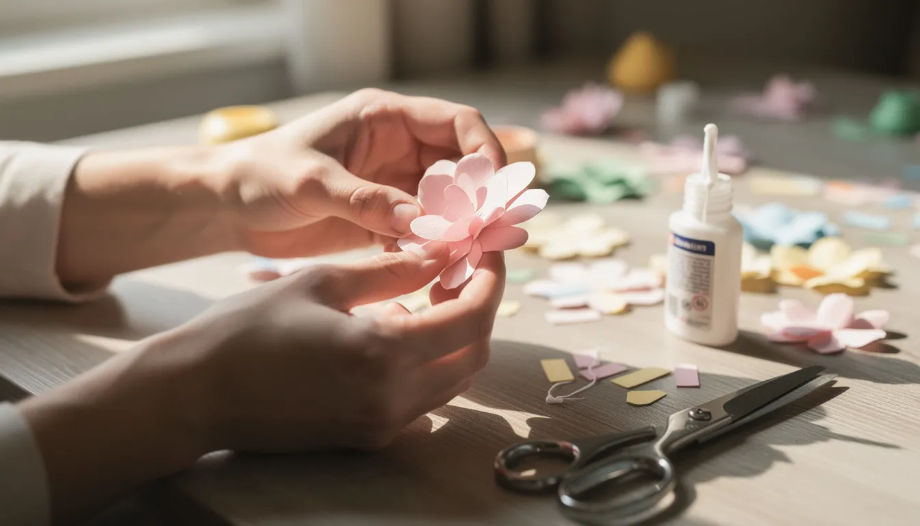 A pair of hands carefully assembles colorful paper flower petals on a craft table, surrounded by scissors, glue, and various pieces of vibrant paper. This DIY craft project showcases the beauty of creating intricate paper flowers, perfect for home decor or as unique gifts.