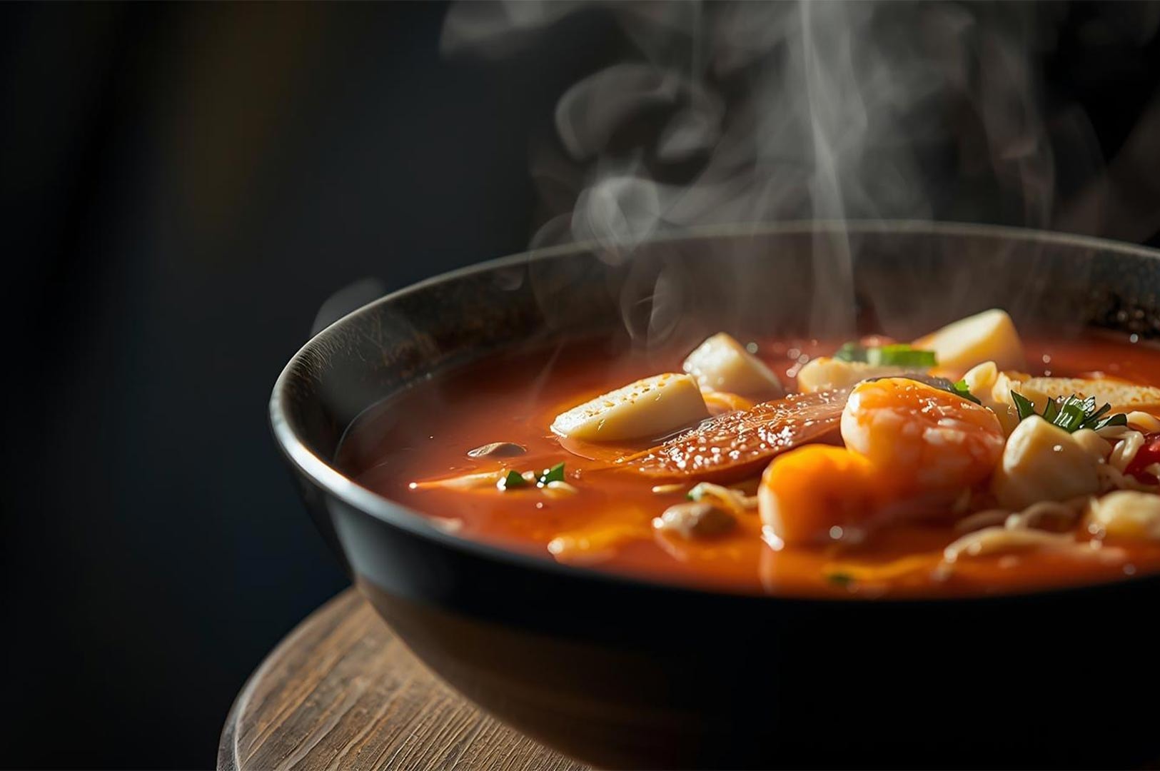 A close-up, appetizing shot of a steaming bowl of spicy seafood noodle soup topped with fresh shrimp and mushrooms.