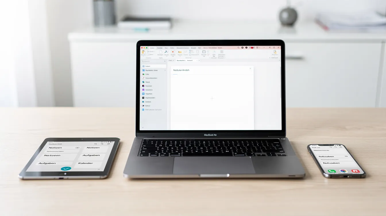 Auf einem Schreibtisch liegen verschiedene elektronische Geräte nebeneinander, darunter ein Tablet, ein Laptop und ein Smartphone, die alle für die Nutzung von Anwendungen wie Goodnotes geeignet sind. Die Geräte sind bereit, um Dateien zu verwalten und Feedback zu geben, während sie mit einem Goodnotes Konto verbunden sind.