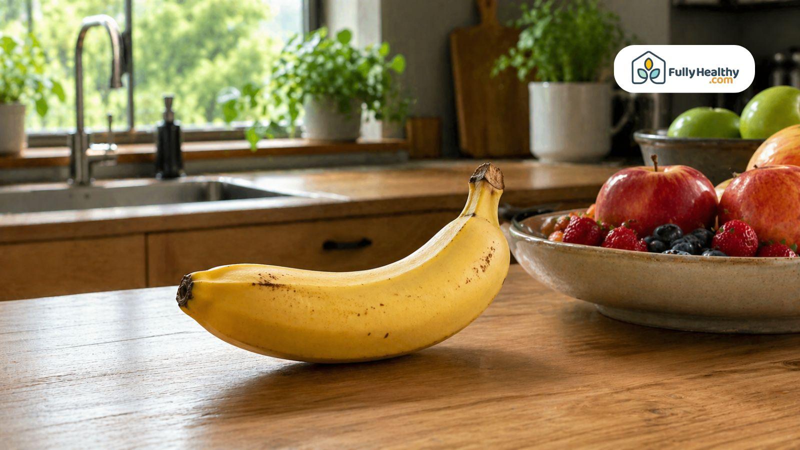 Banana beside fruit bowl in kitchen with natural light setting