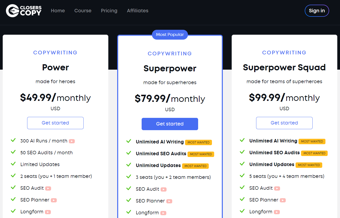 ClosersCopy Pricing