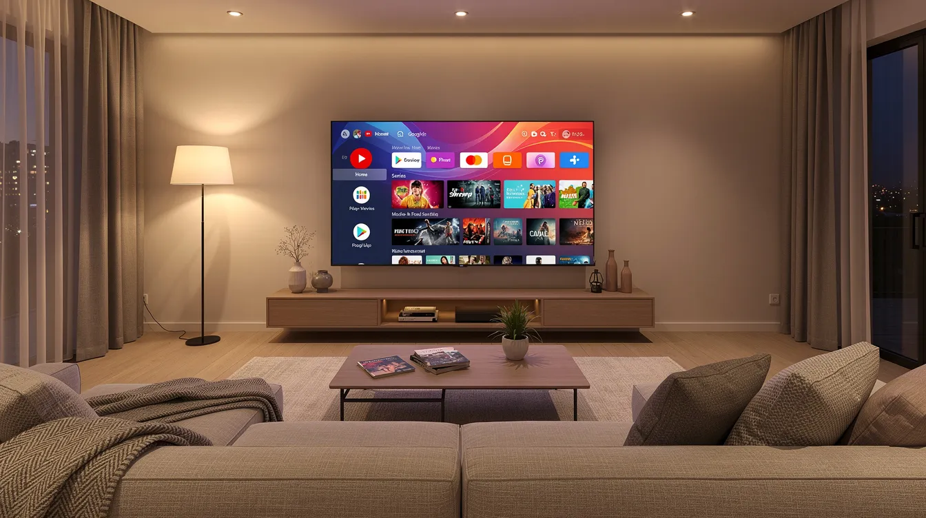 The image depicts a modern living room featuring a large flat-screen smart TV showcasing a vibrant streaming interface, surrounded by warm ambient lighting and a cozy sofa, perfect for enjoying IPTV services and watching live TV or on-demand content with family and friends.