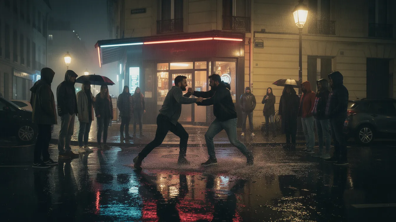 Zwei Männer kämpfen in der Nacht auf einer regennassen Straße vor einer Bar, während sie von Zuschauern umringt sind, die unter Straßenlaternen stehen. Die Szene erinnert an die dramatischen Kämpfe aus der Rocky-Saga, in der Boxlegenden wie Sylvester Stallone und Tommy Morrison um Ruhm und Ehre kämpfen.