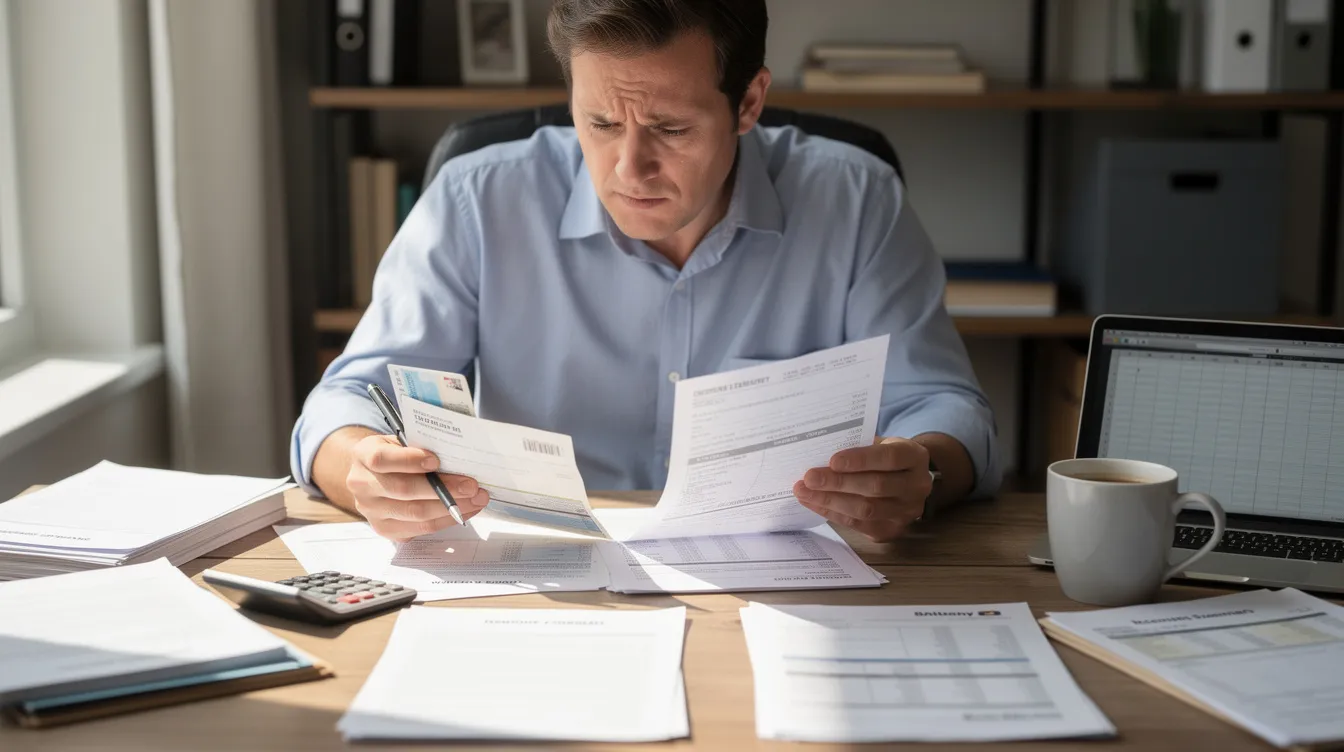 The image depicts a person sitting at a desk, carefully reviewing credit card statements and various financial documents. This scene illustrates the importance of understanding interest rates and managing finances, which can be influenced by factors such as the prime rate and federal reserve policies.