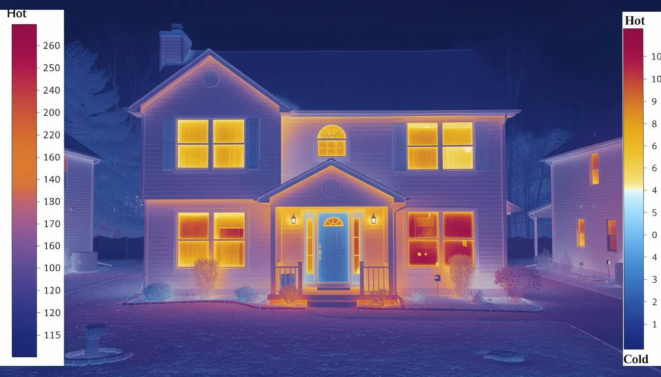 The thermal imaging shows a house in cold weather, highlighting areas of heat loss through windows and doors, indicating poor insulation and air leaks that contribute to high energy costs. This visual representation emphasizes the importance of energy efficient upgrades to reduce energy consumption and lower energy bills.