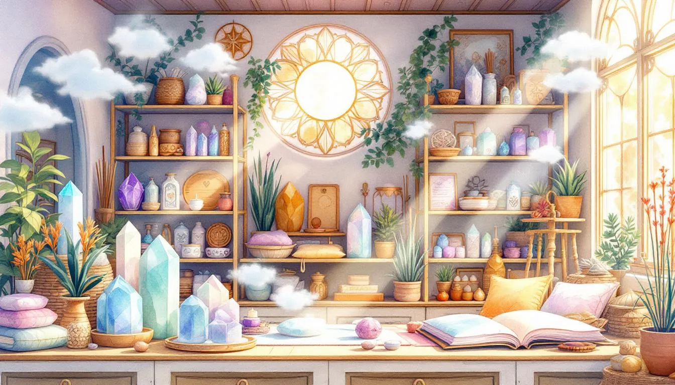 A vibrant display of various spiritual products in a new age store.
