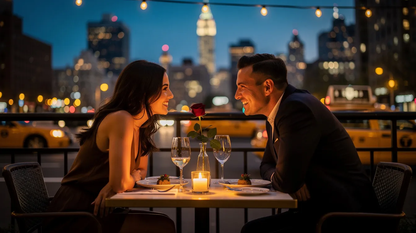 A couple is enjoying a romantic dinner in a cozy New York City restaurant, surrounded by soft lighting and elegant decor, symbolizing the potential for meaningful connections in modern dating. Their intimate moment reflects the hopes and aspirations of many online dating users seeking long-term relationships.