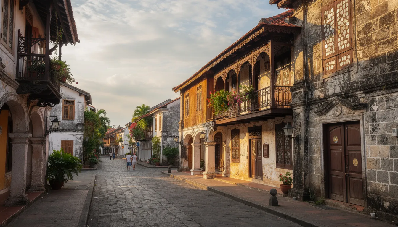 Na obrazie przedstawiono historyczną architekturę kolonialną hiszpańską w Azji Południowo-Wschodniej, ukazującą wpływy kulturowe, które przyczyniły się do różnorodności kulturowej tego regionu. W tle widać budynki z charakterystycznymi elementami hiszpańskiego stylu, które są świadectwem obecności języka hiszpańskiego i kultury w tym obszarze.