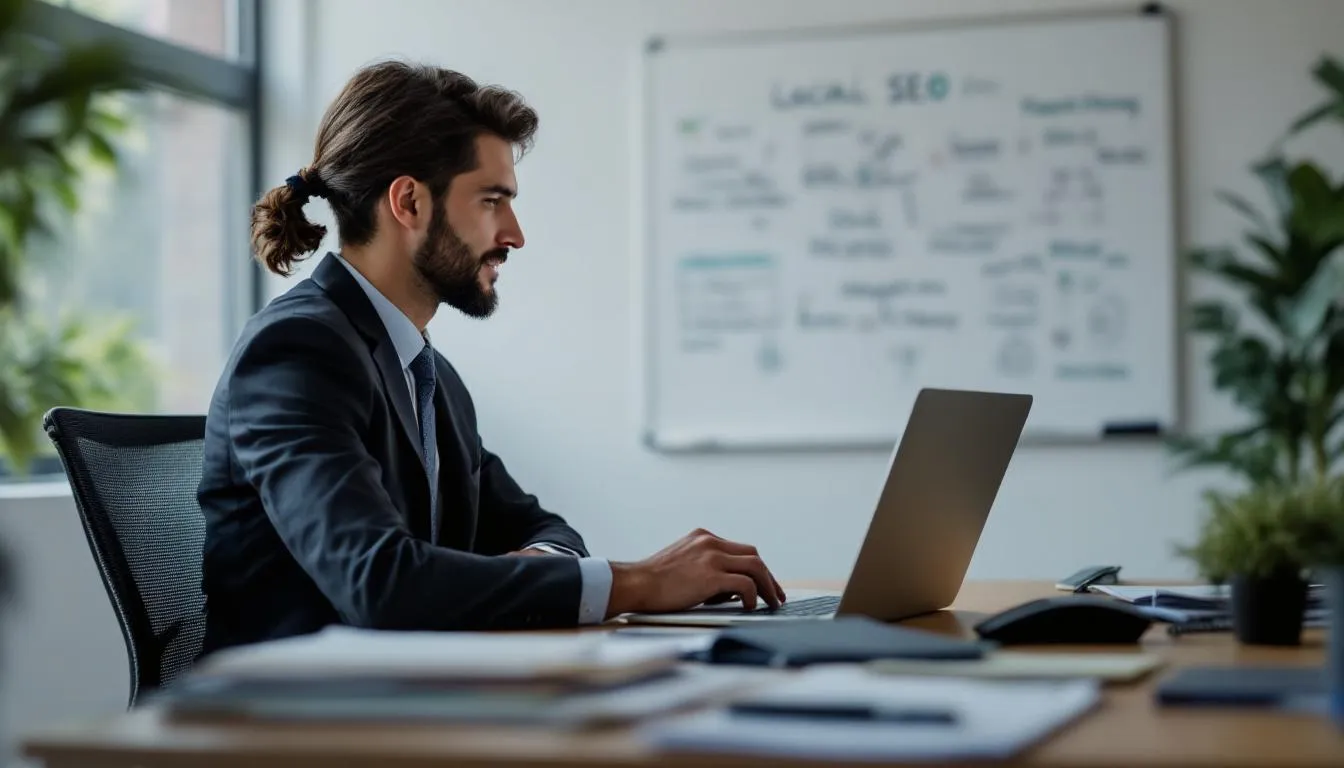 The image illustrates the concept of local SEO, emphasizing its significance in a marketing strategy. It features various elements such as a search engine interface, charts depicting organic traffic growth, and keywords related to SEO services, showcasing the role of SEO agencies in enhancing online visibility and achieving business objectives.