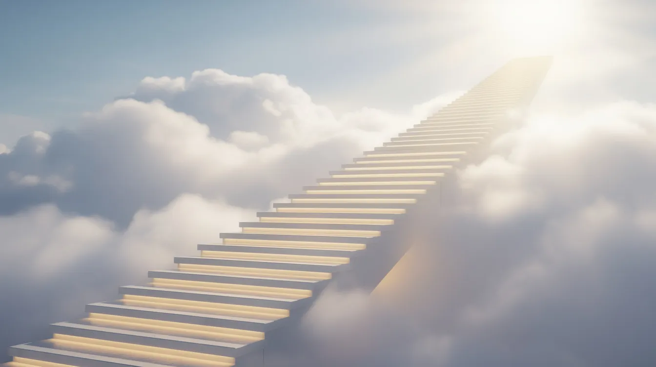 The image depicts a staircase ascending through fluffy white clouds, symbolizing the journey of progression through various stages of maturity. This visual metaphor represents the continuous advancement in threat hunting methodologies and the proactive approach needed to identify and mitigate potential threats in an organization's security posture.