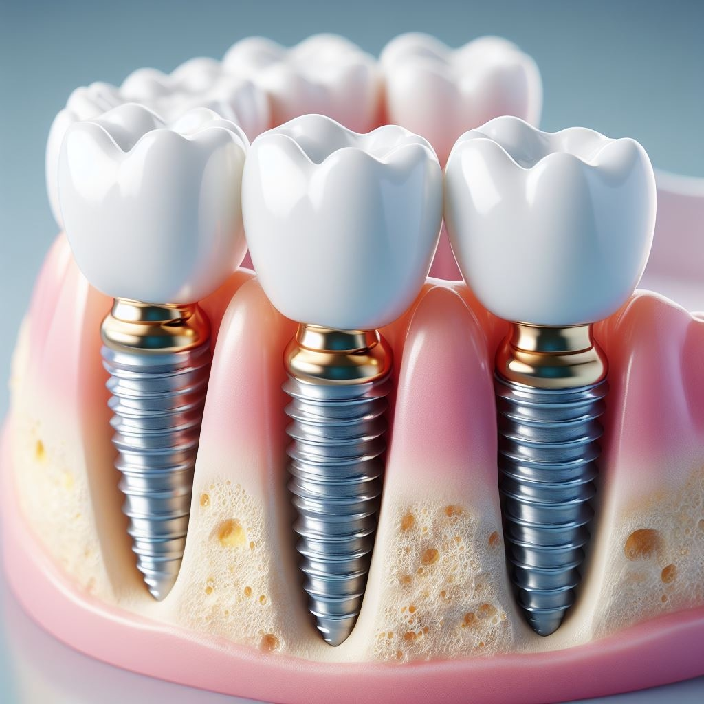model of what missing teeth or a missing tooth looks like when replaced with dental implants