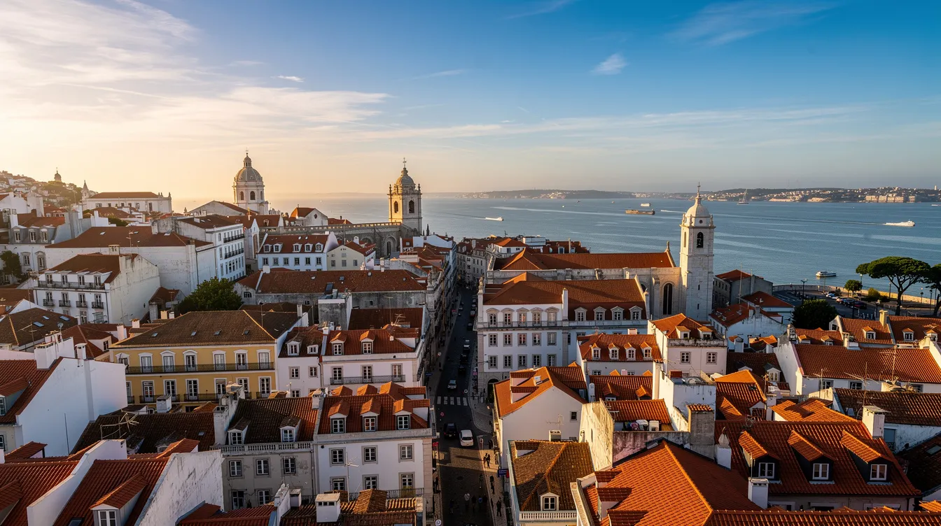 A panoramic view of Lisbon showcases the city's iconic terracotta rooftops and the wide Tagus River in the background, highlighting the stunning views of this vibrant destination. The image captures the charm of Lisbon's skyline, with its historic buildings and winding lanes, inviting tourists to explore its rich culture and hospitality.