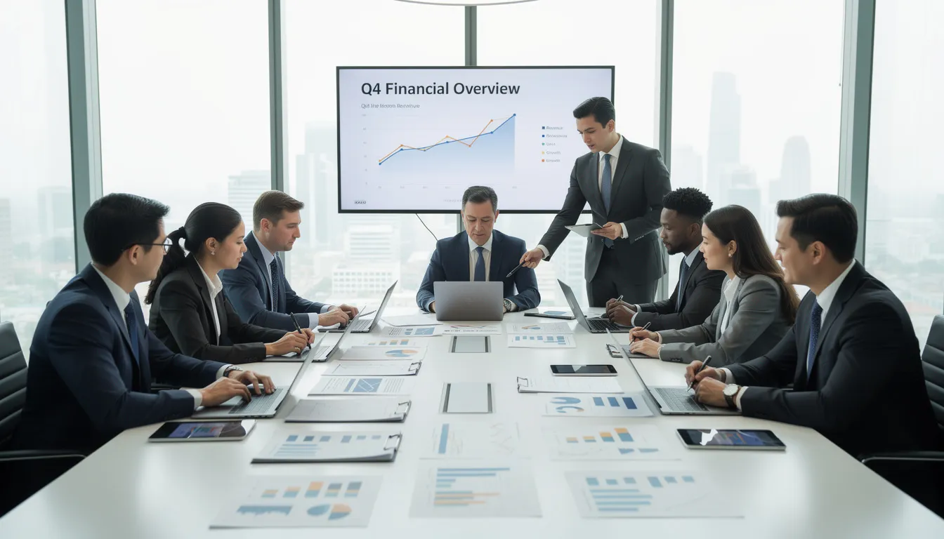 A group of business professionals gathered in a meeting room, actively reviewing financial charts and documents that likely pertain to asset and investment management.
