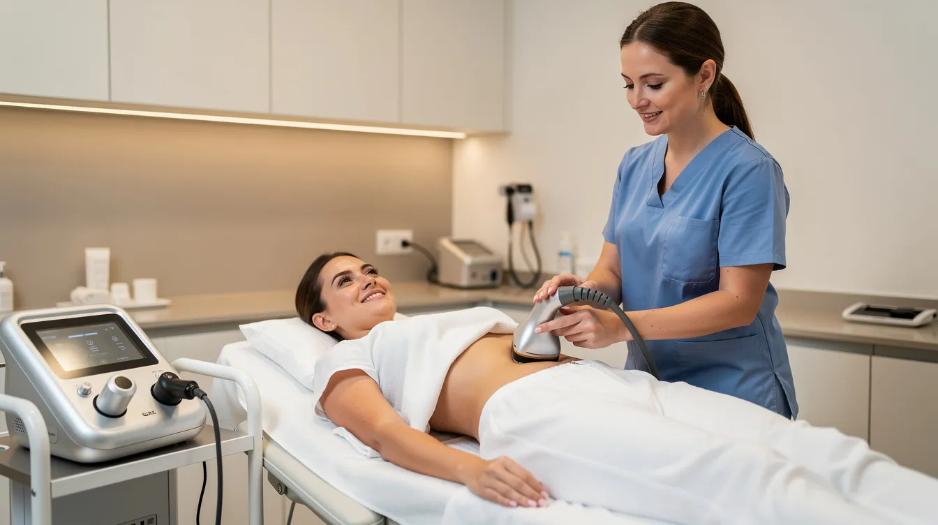 A woman is lying comfortably on a treatment bed in a modern clinical room while a provider uses a body contouring device on her midsection, aiming to eliminate stubborn fat and tighten skin. This non-invasive treatment utilizes cutting-edge technology to stimulate collagen production for optimal results.