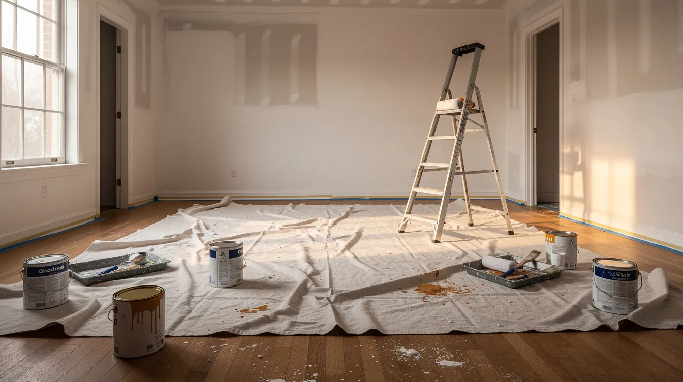 The image depicts an empty room undergoing renovations, featuring paint supplies and drop cloths laid out on a polished hardwood floor. This space could be transformed into a vacation rental, highlighting the potential for property owners and Airbnb hosts to optimize their income generation through the platform's business model.