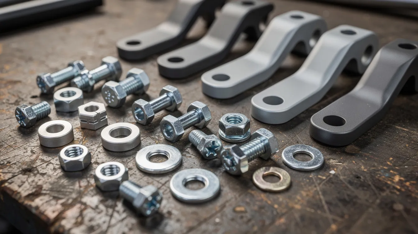 A close-up view showcases various precision metal parts on a workshop table, featuring anodized aluminum, zinc-plated steel fasteners, and powder-coated brackets, each exhibiting unique metallic surfaces and finishes. The arrangement highlights the durability and corrosion resistance of these coated metals, essential for various industries.