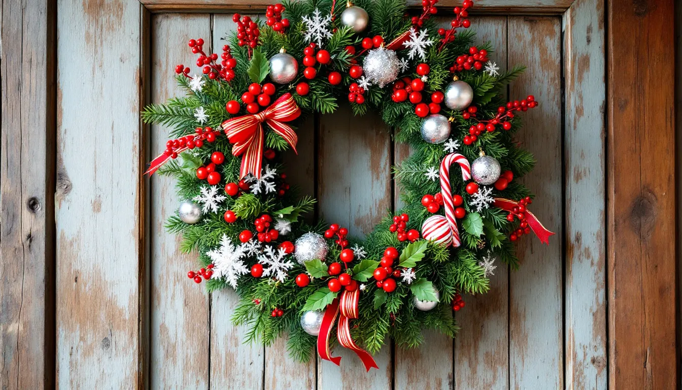 A Santa-themed wreath hanging on a door, embodying the holiday spirit.