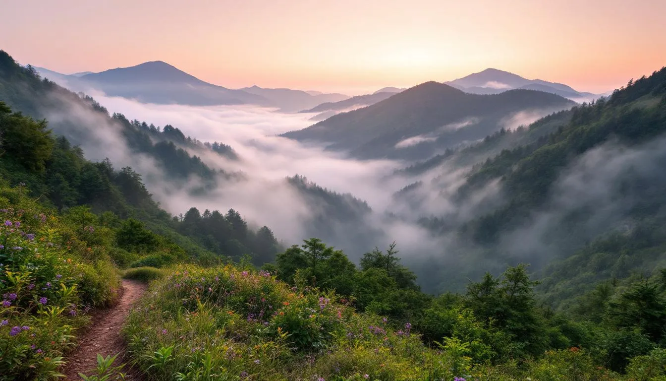 A breathtaking mountain landscape is captured in the early morning light, showcasing misty views over lush green valleys, perfect for nature lovers seeking serene beauty. This scenic beauty highlights the ideal destinations in South India, such as hill stations and wildlife sanctuaries, to visit during long weekends in October.