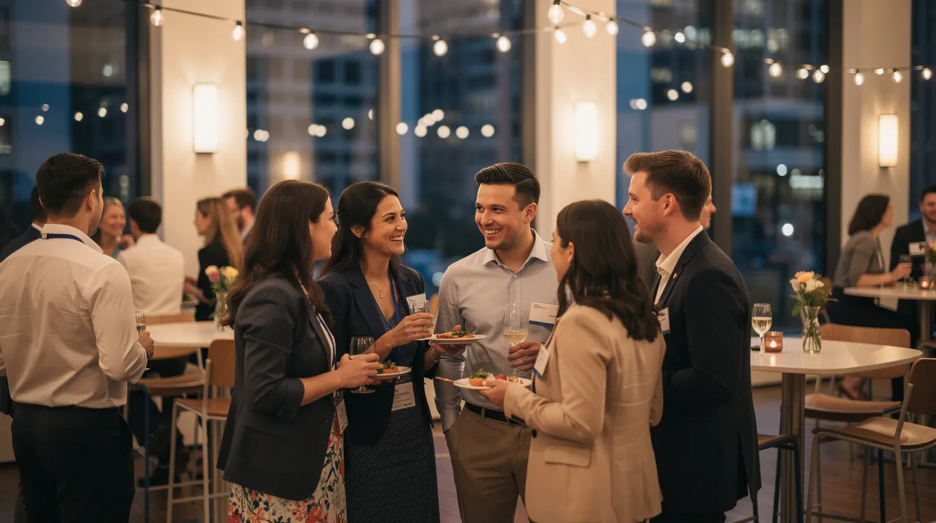 A group of young professionals is gathered at a social event, engaging in friendly conversation and laughter, as they navigate the early stages of relationships, often referred to as the "talking stage." The atmosphere is casual and fun, with multiple people interacting, sharing opinions, and getting to know each other better.