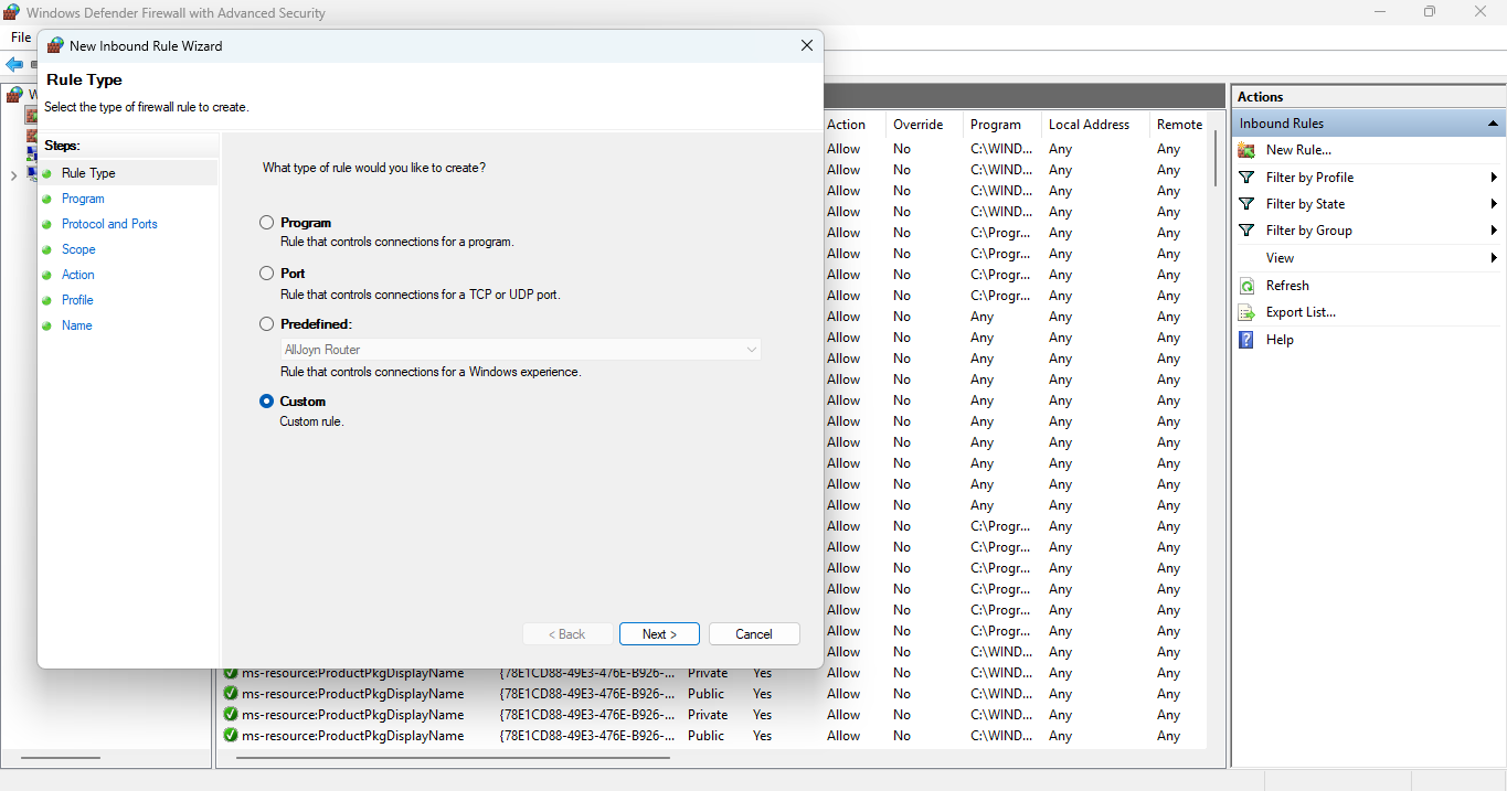 New Inbound Rule Wizard showing the Rule Type page with the Custom option selected.