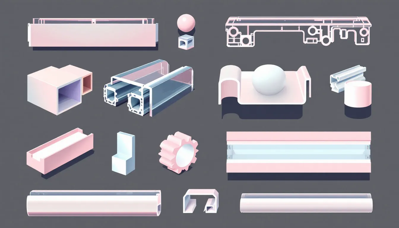 An illustration of various extruded plastic shapes including profiles and sheets.