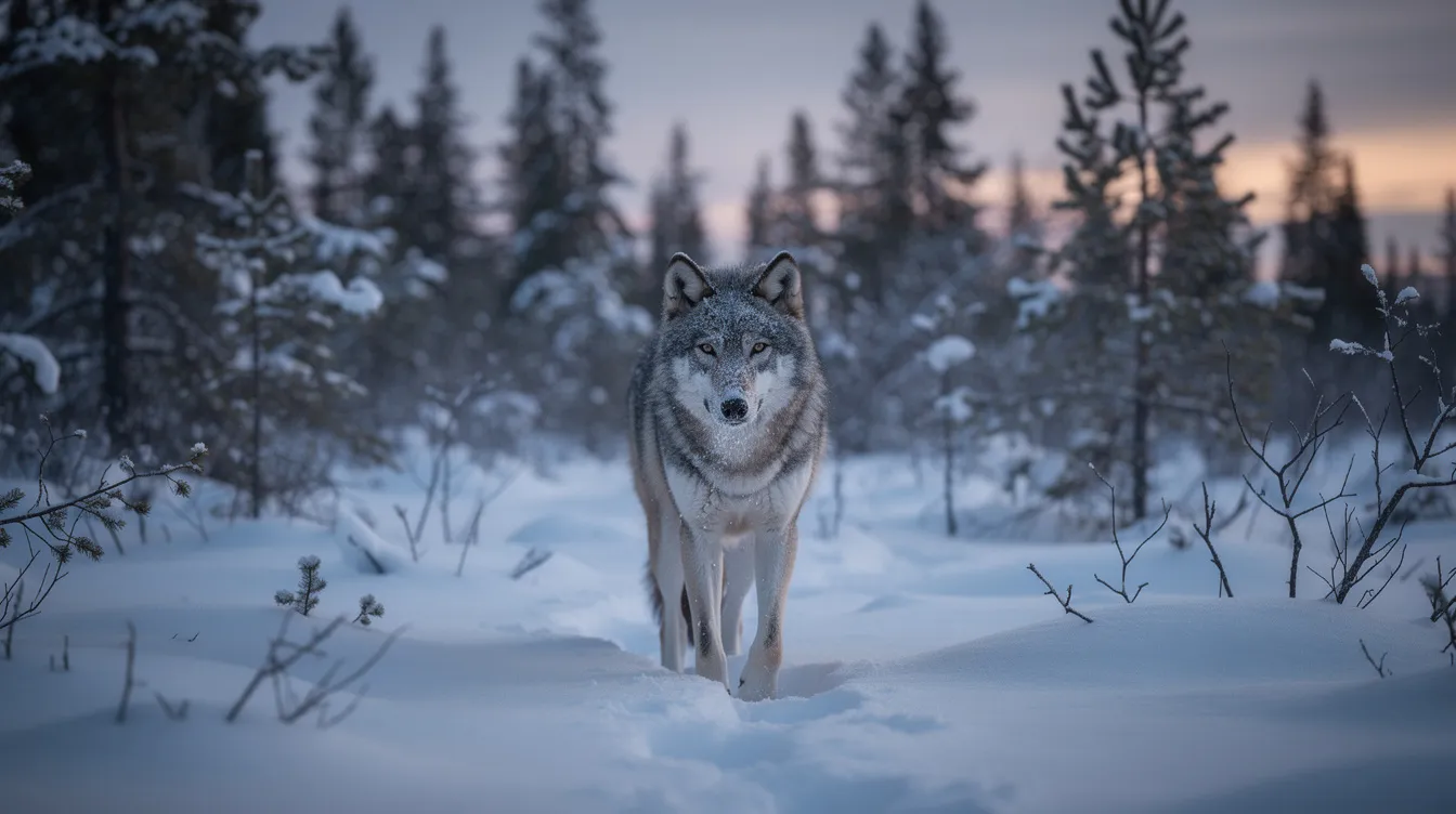 8e78064f 4244 41e8 b6a5 f8a07a502a8f A lone wolf stands alert in a snowy boreal forest at dusk, its fur blending with the winter landscape as it surveys its surroundings. This scene captures the beauty of wildlife in the natural world, reminiscent of the artwork by renowned wildlife artists like Robert Bateman.