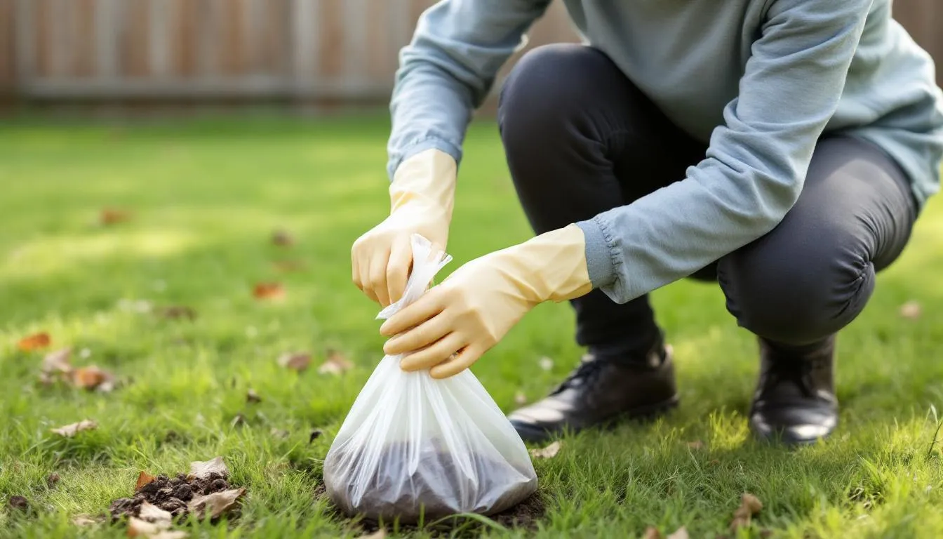 A person is cleaning up dog feces in a backyard while wearing protective gloves, taking proper precautions to handle biohazardous materials safely. This cleanup is important for preventing fecal contamination and protecting human health from potential infectious diseases.