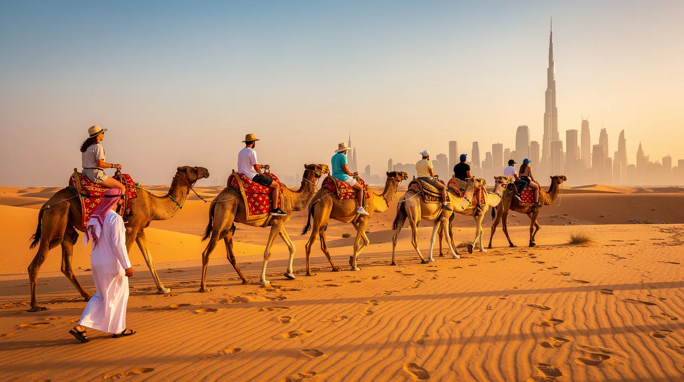 Um grupo de turistas realiza um passeio de camelo pelo deserto de Dubai, nos Emirados Árabes Unidos, enquanto ao fundo se pode ver a areia dourada e algumas palmeiras. Essa atividade é uma das muitas experiências culturais que atraem visitantes para a região do Oriente Médio.
