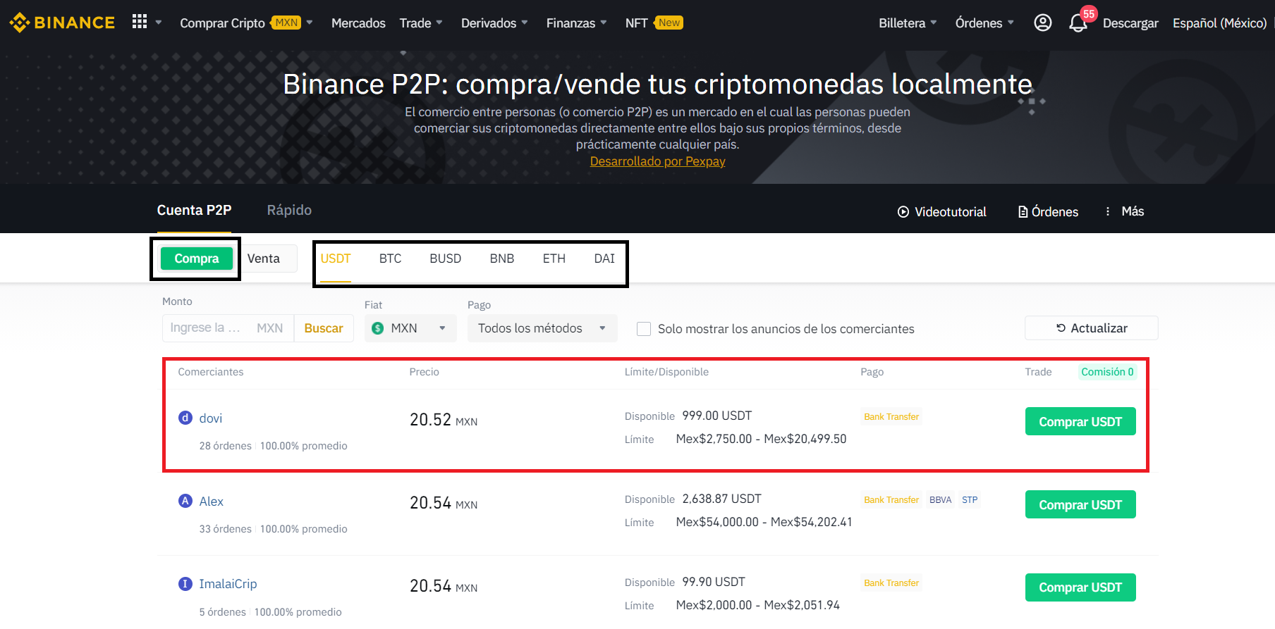 Mercado de Binance P2P para México.