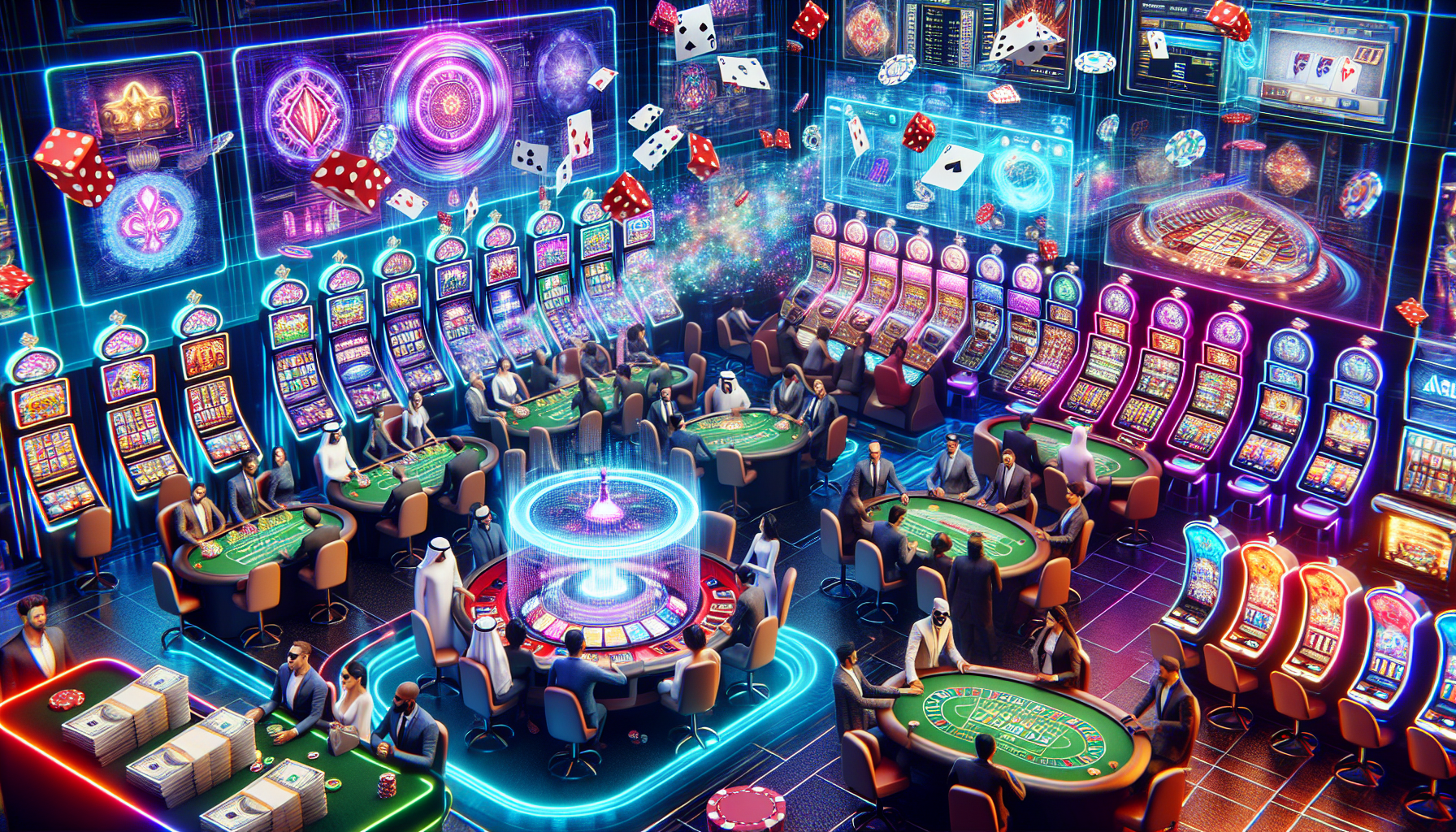 Illustration of diverse casino games including slots, poker, blackjack, and roulette