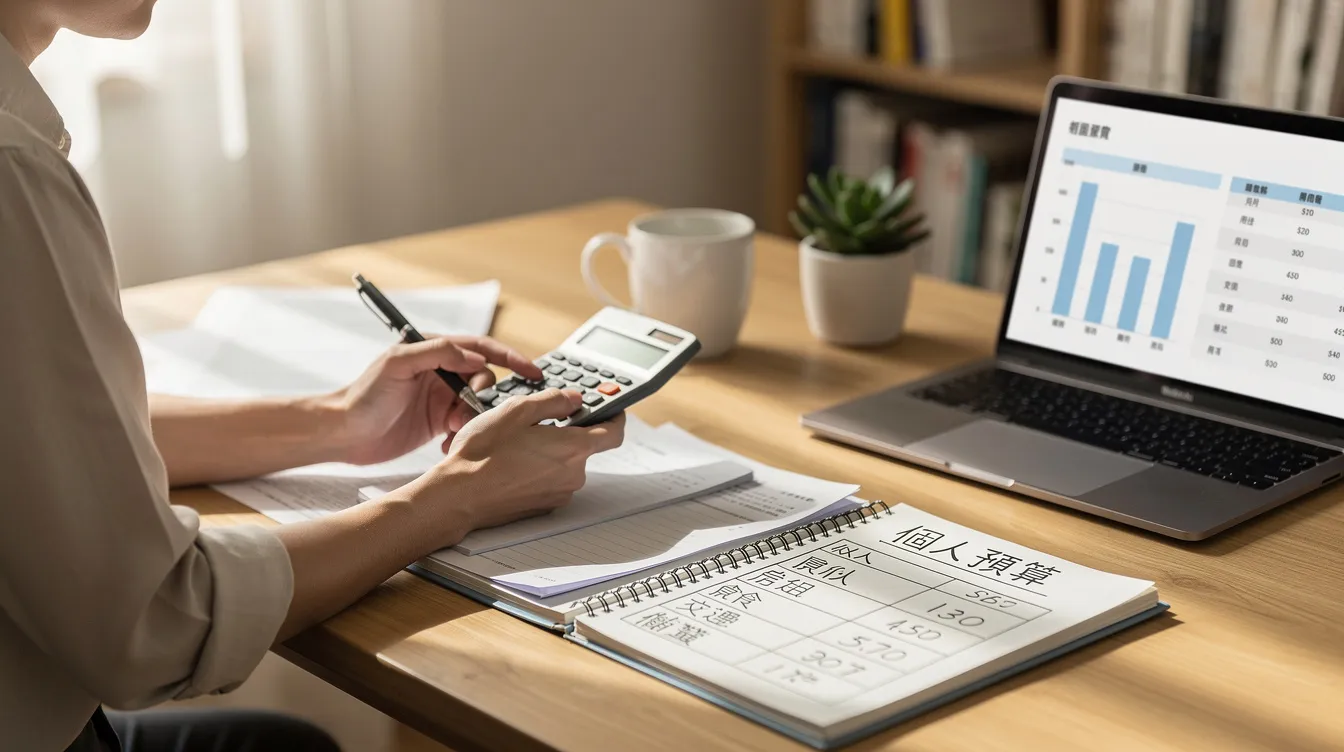 A person is sitting at a table using a calculator to plan their personal finance budget, focusing on managing expenses and potential loan applications. The scene conveys the importance of understanding financial concepts such as APR and credit ratings while considering options like personal loans and online applications.