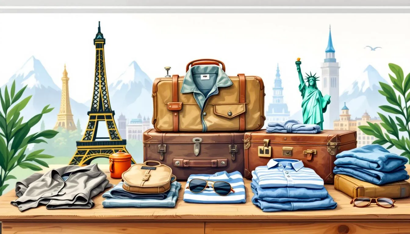 A collection of travel-friendly apparel laid out, perfect for wanderlust couples.
