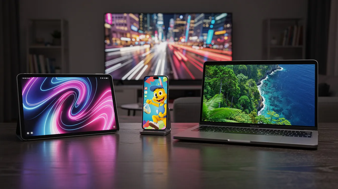 The image features multiple electronic devices, including a tablet, smartphone, laptop, and television, each showcasing different colorful video content simultaneously. This scene highlights the versatility of modern IPTV services, allowing users to enjoy live TV channels and on-demand entertainment across various devices with superior streaming quality.