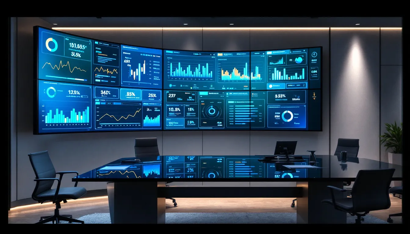 The image depicts a modern hotel technology setup featuring multiple screens displaying detailed revenue analytics, including daily revenue reports, occupancy rates, and sales data. This setup is designed to help hotel management make data-driven decisions to maximize revenue and improve financial health.