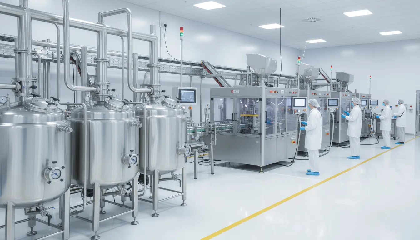 The image depicts a modern pharmaceutical manufacturing facility, showcasing sleek stainless steel equipment used in the production of dietary supplement products. This facility emphasizes good manufacturing practices and adheres to FDA regulations to ensure the safety and efficacy of dietary ingredients.